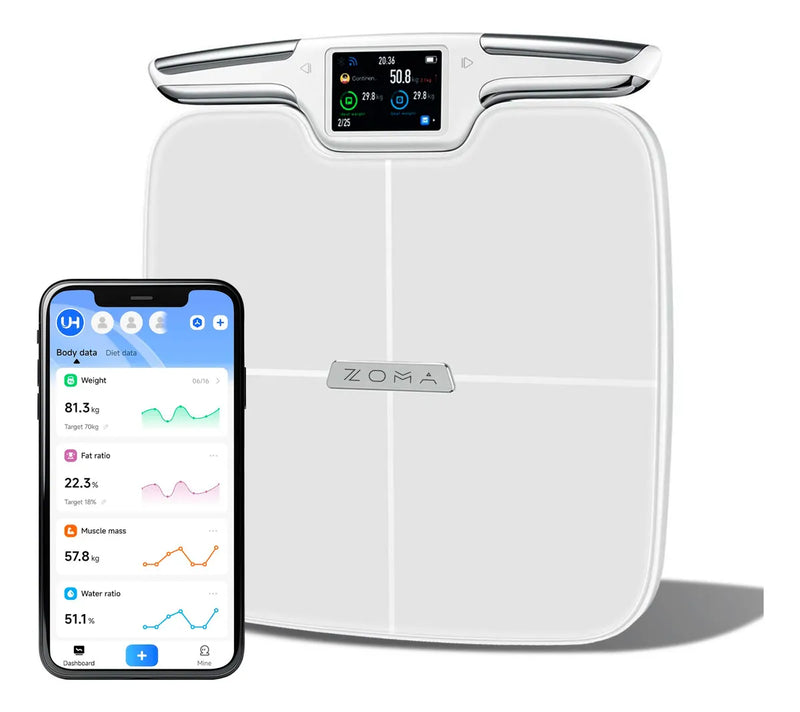 Báscula Digital Inteligente Zoma 180kg con Bluetooth y WiFi, Vidrio Templado, Pantalla LED