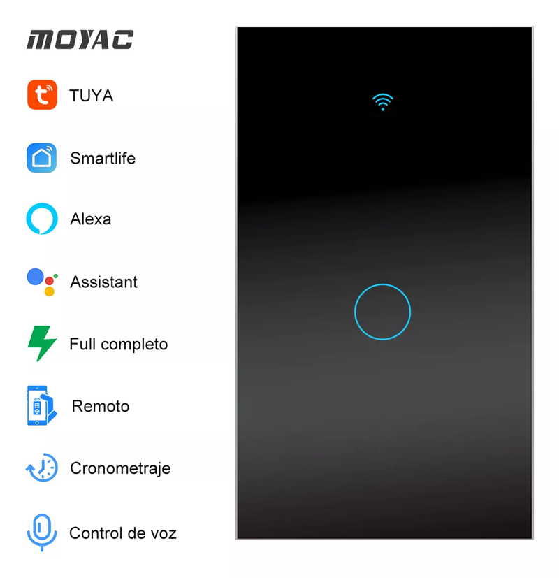 Interruptor Inteligente WiFi Táctil con Control por App y Voz, Vidrio Templado, Fácil Instalación