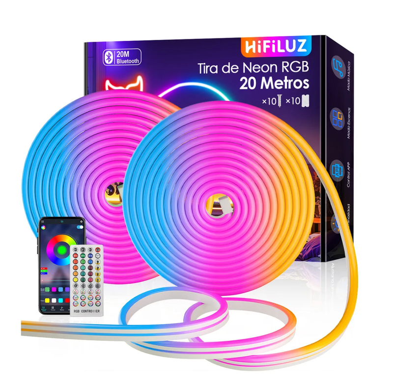 Tiras de Neon RGB Flex Hifiluz de 20mts Bluettoth Impermeables