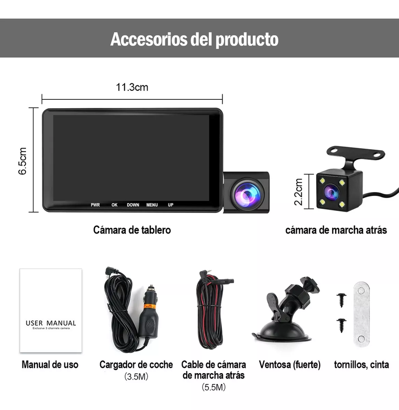 Cámara Dash HD 1080 para Coche de 3 Pantallas