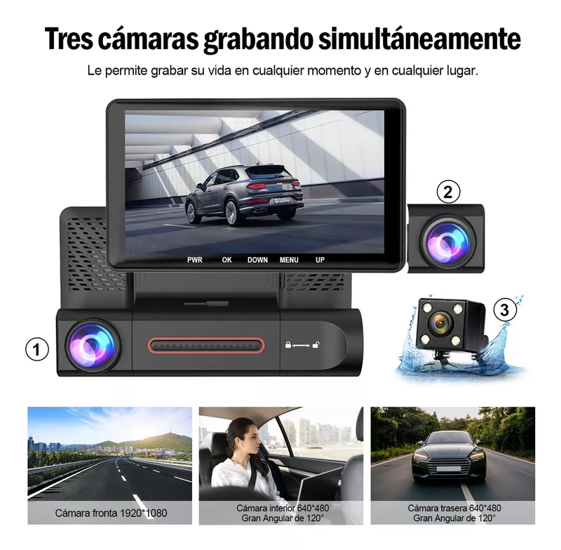 Cámara Dash HD 1080 para Coche de 3 Pantallas