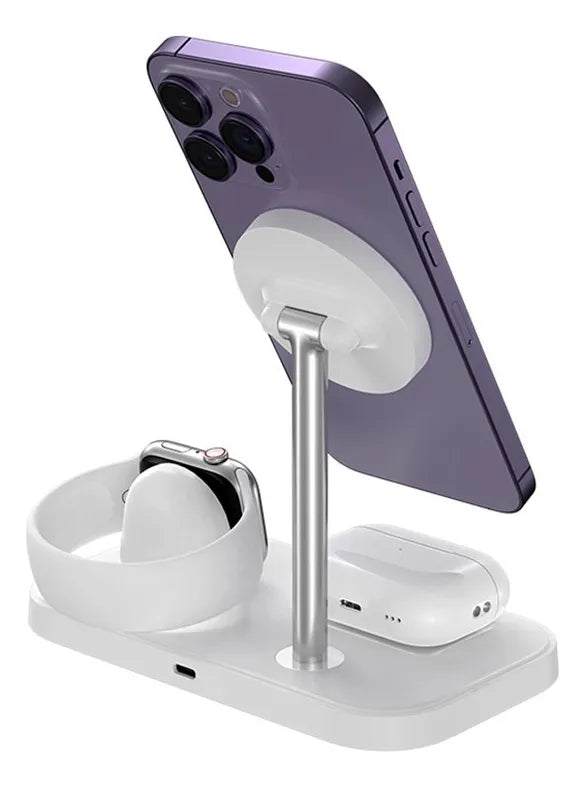 Mr. Gadgets Cargador Inalámbrico 3 en 1 de 15W con Soporte Magnético y Base de Escritorio
