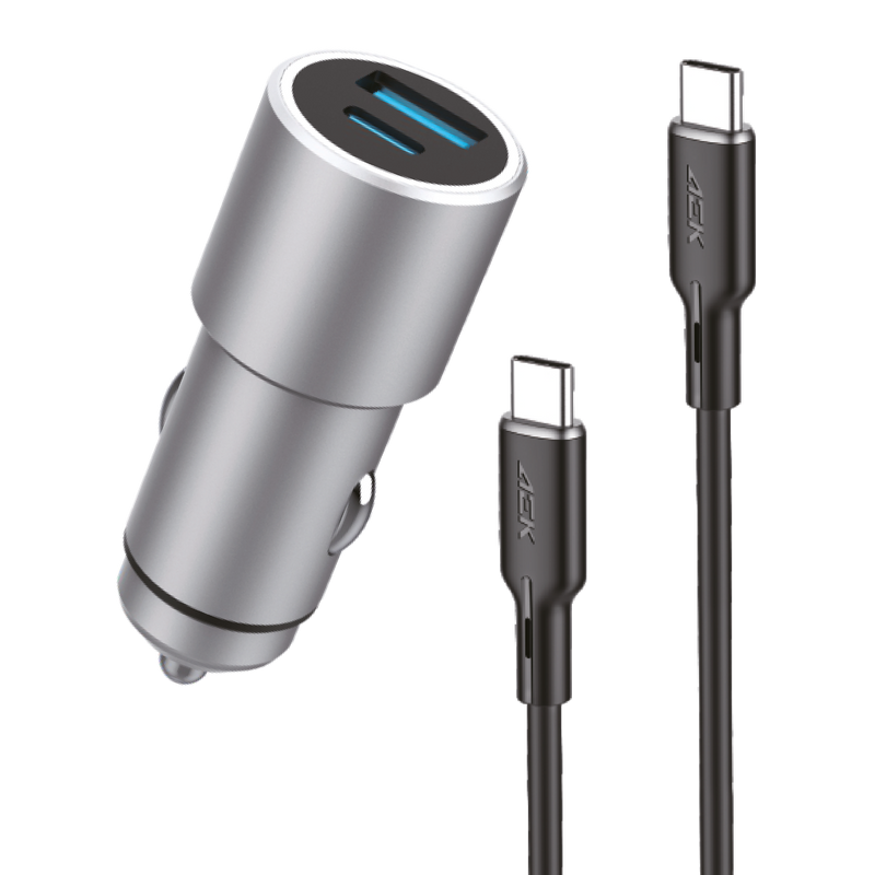 AEK CYBER Cargador Rápido para Automóvil USB+Tipo-C de 30W con Cable de 1M