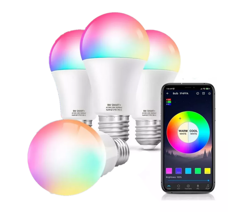 4 Focos LED Inteligentes RGBCW Wifi 9W Ajustable Multicolor