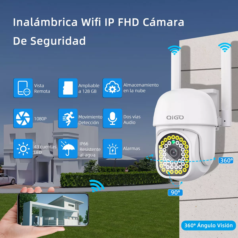 Cámara de Seguridad Inalámbrica QIGO para Exterior Wifi Impermeable
