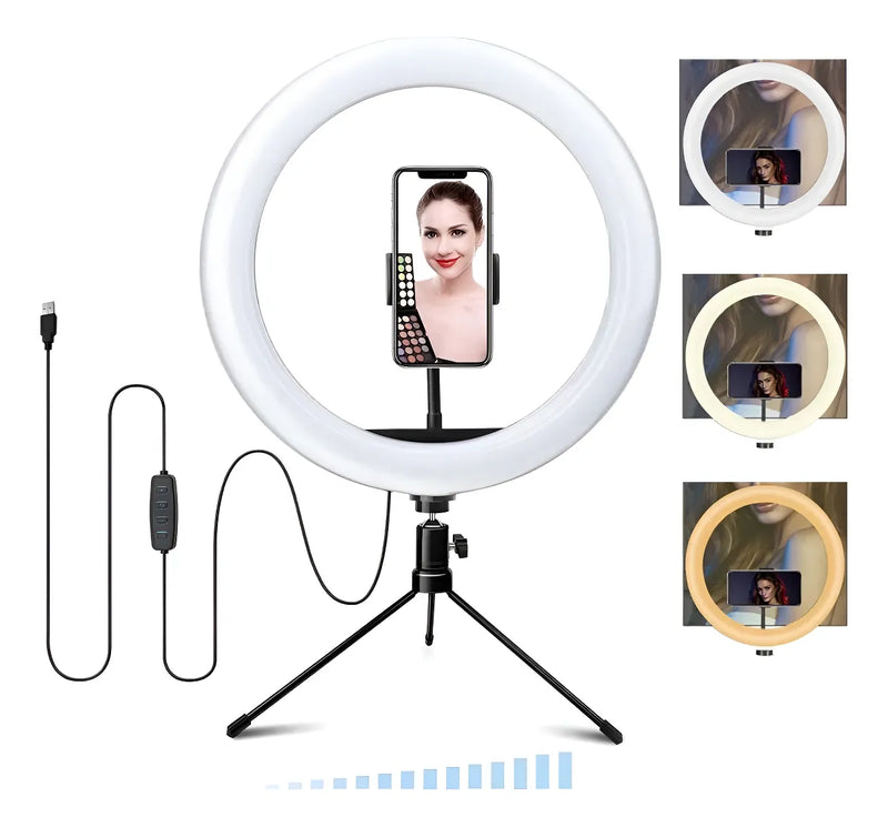Aro de Luz LED Portátil 10’’ con Trípode y 3 Tonos de Luz