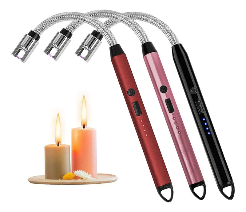 Set de 3 Encendedores Eléctricos USB Recargables, Plasma con Pantalla LED y Cuello Flexible 360°