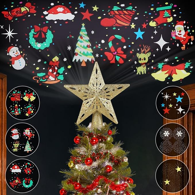 Proyector LED de Navidad 360° con 6 Patrones, Copos de Nieve y Estrellas en 3D