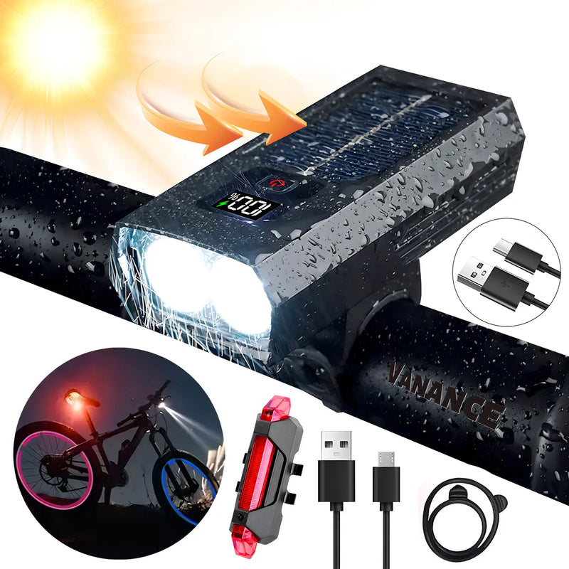 Vanance Luces Solares LED para Bicicleta Recargables, Kit Luz Delantera y Trasera, Impermeable IPX6