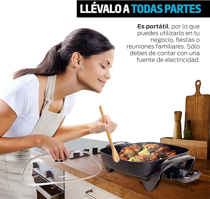Sartén Eléctrico Antiadherente 4.5L con Tapa de Vidrio y Control de Temperatura, Redlemon