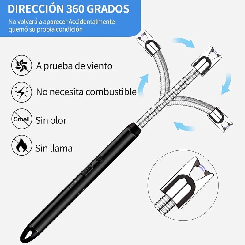 Set de 3 Encendedores Eléctricos USB Recargables, Plasma con Pantalla LED y Cuello Flexible 360°