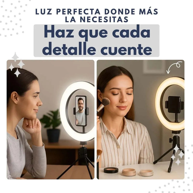 Aro de Luz LED Portátil 10’’ con Trípode y 3 Tonos de Luz