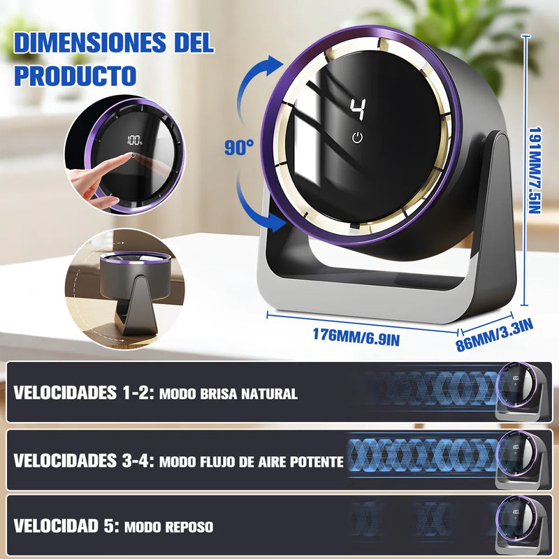 Ventilador de Escritorio USB Recargable 5 Velocidades con Luz LED