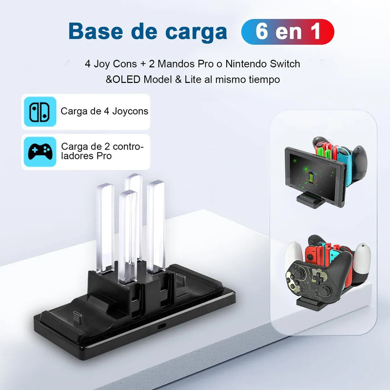 Base de Carga 6 en 1 para Joy-Con Nintendo Switch, Estación de Carga Rápida y Organizador