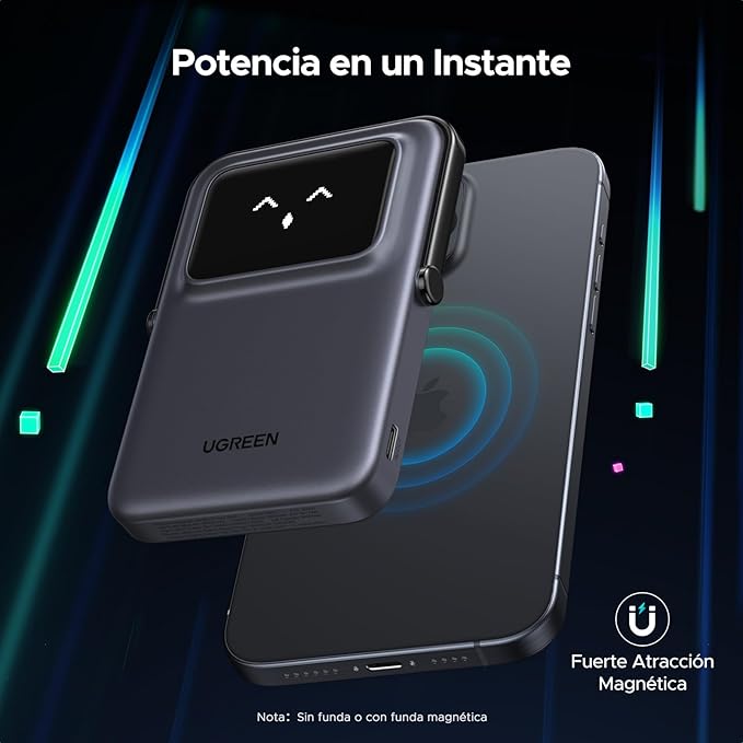 Cargador Portátil UGREEN 5000mAh Magnético con Pantalla TFT y Soporte, Carga Rápida 20W