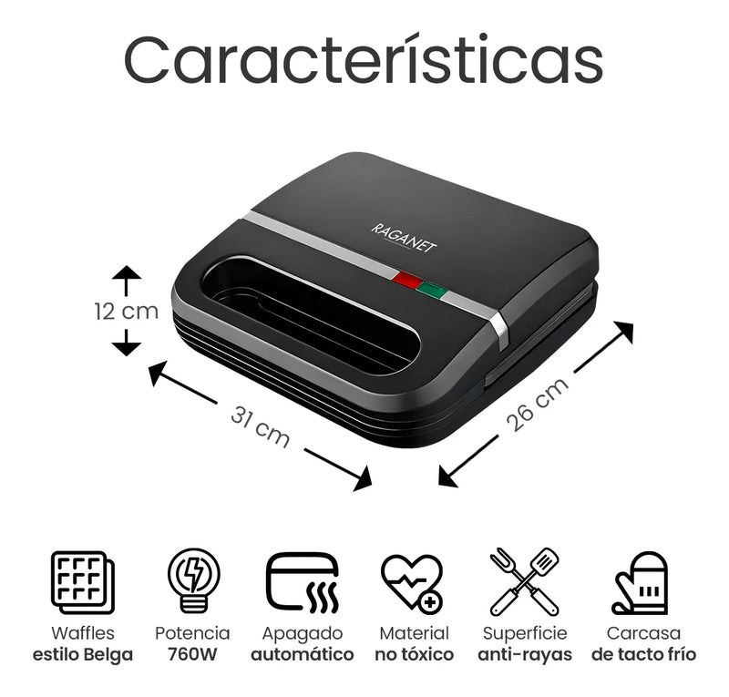 Waflera Eléctrica Antiadherente de 2 Cuadrados, Fácil de Limpiar