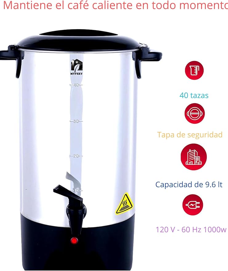 Cafetera Eléctrica Percoladora Myfeey Home 40 Tazas, Acero Inoxidable con Filtro Permanente Lavable