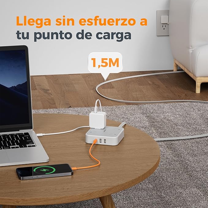 TESSAN Multicontacto 4 Tomas + 3 USB (USB-C) con Protector, Gris