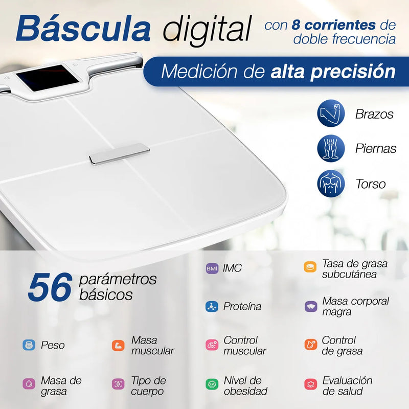 Báscula Digital Inteligente Zoma 180kg con Bluetooth y WiFi, Vidrio Templado, Pantalla LED