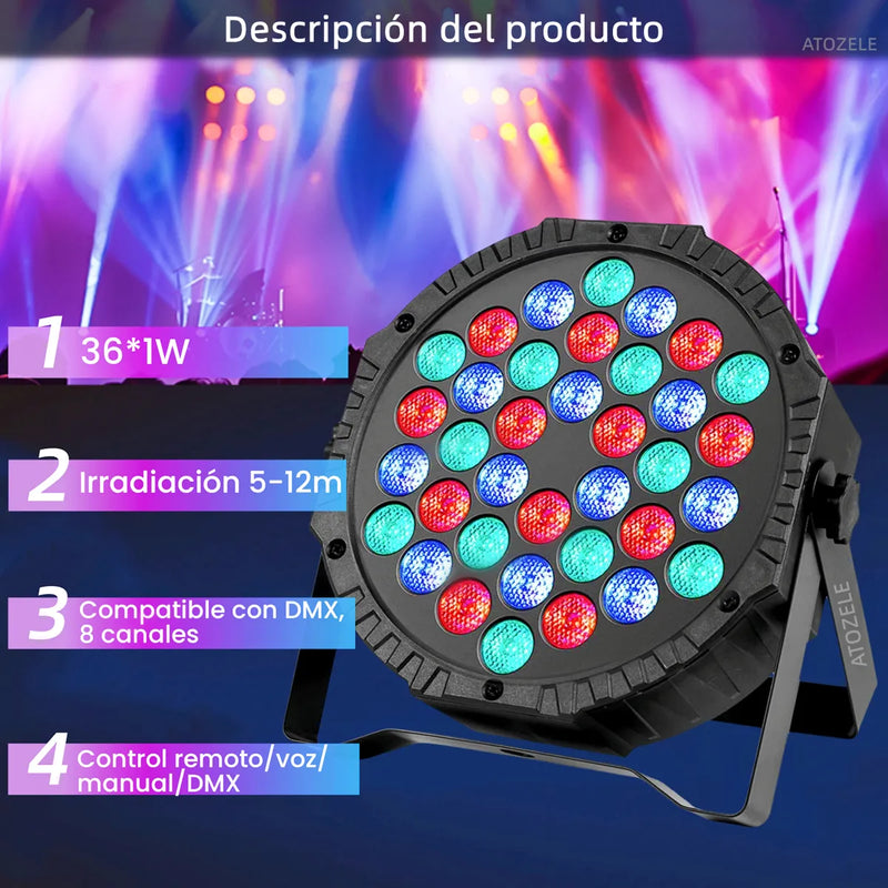 Luz LED de Escenario 36x1 RGB 36W con DMX, Control Remoto y Modo Rítmico