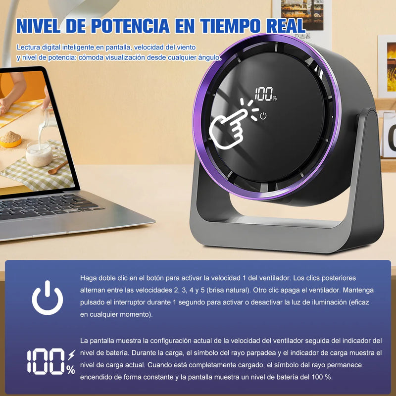 Ventilador de Escritorio USB Recargable 5 Velocidades con Luz LED