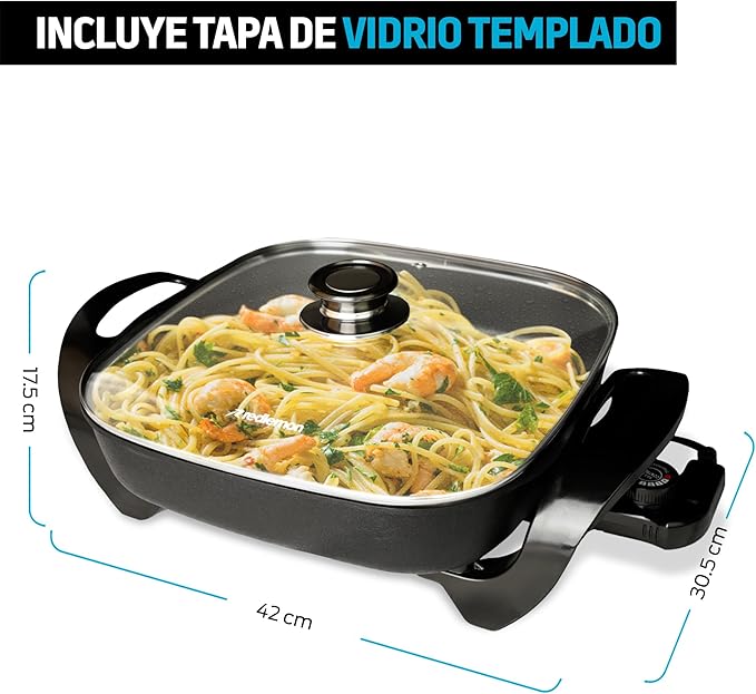 Sartén Eléctrico Antiadherente 4.5L con Tapa de Vidrio y Control de Temperatura, Redlemon