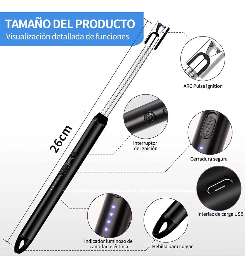 Set de 3 Encendedores Eléctricos USB Recargables, Plasma con Pantalla LED y Cuello Flexible 360°