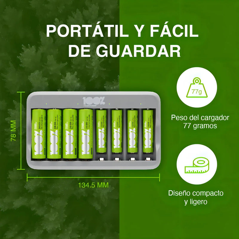 Cargador de Pilas AA y AAA con 8 Ranuras USB + 8 Pilas Incluidas