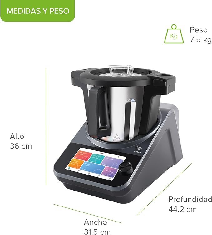 AVERA Chef Robot de Cocina Inteligente 4.7L, WiFi, Pantalla Táctil, 1850 Recetas, 19 Programas y 30 Funciones