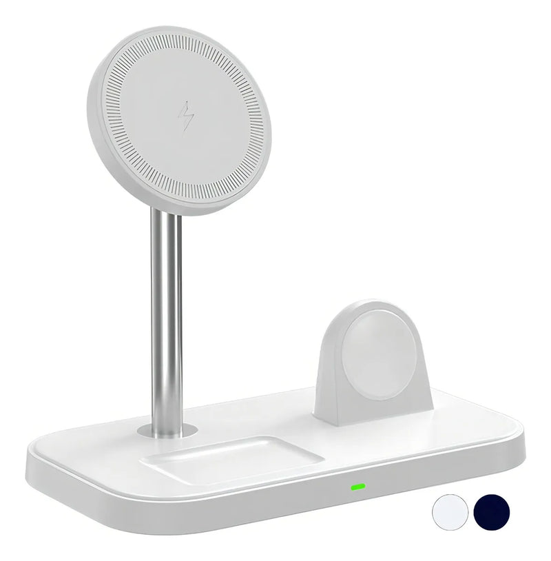 Mr. Gadgets Cargador Inalámbrico 3 en 1 de 15W con Soporte Magnético y Base de Escritorio