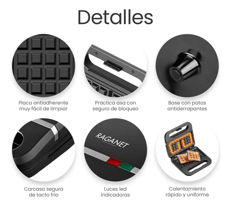Waflera Eléctrica Antiadherente de 2 Cuadrados, Fácil de Limpiar