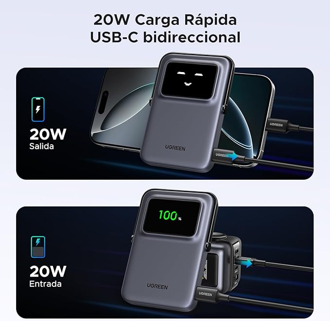 Cargador Portátil UGREEN 5000mAh Magnético con Pantalla TFT y Soporte, Carga Rápida 20W