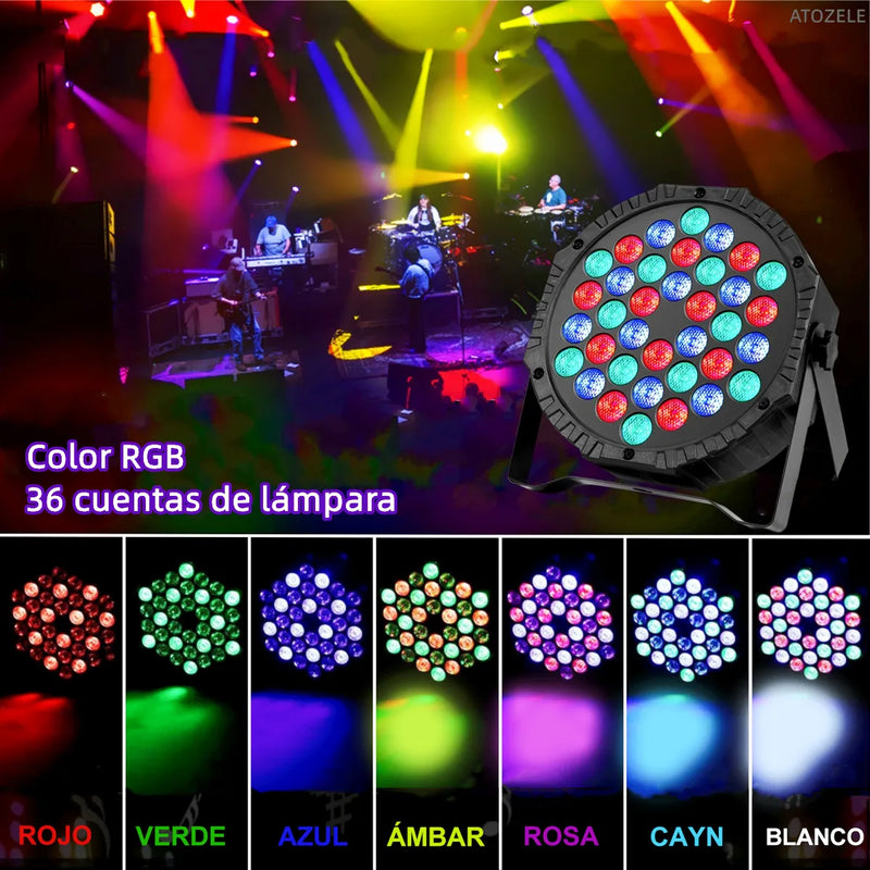 Luz LED de Escenario 36x1 RGB 36W con DMX, Control Remoto y Modo Rítmico