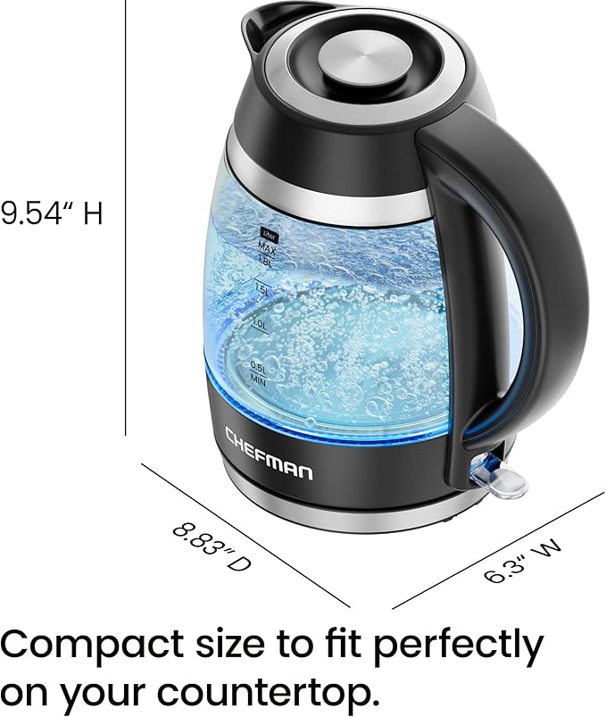 Chefman Hervidor Eléctrico de Vidrio Negro 1.8L, 1500W, Ebullición Rápida en 3 Min, Luces LED