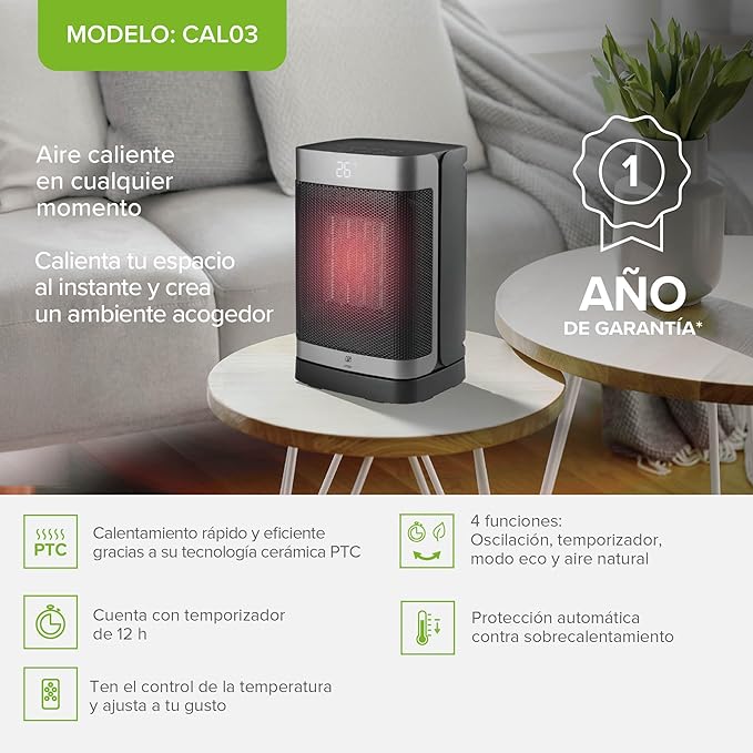Calentador Eléctrico Portátil AVERA CAL03 con Control Remoto, Pantalla Digital y 2 Potencias