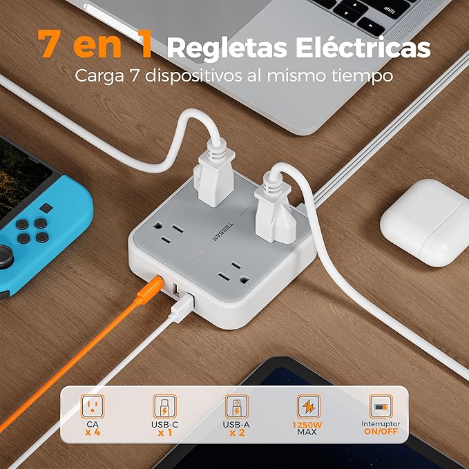 TESSAN Multicontacto 4 Tomas + 3 USB (USB-C) con Protector, Gris
