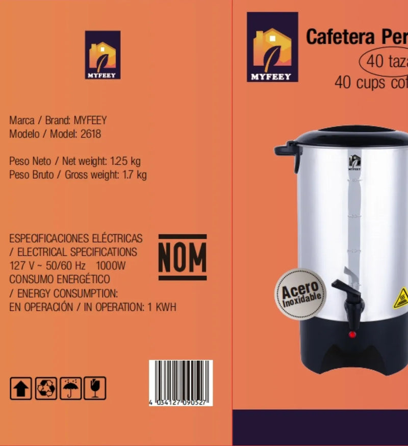 Cafetera Eléctrica Percoladora Myfeey Home 40 Tazas, Acero Inoxidable con Filtro Permanente Lavable
