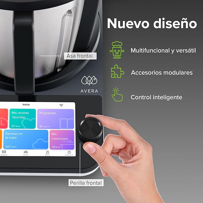 AVERA Chef Robot de Cocina Inteligente 4.7L, WiFi, Pantalla Táctil, 1850 Recetas, 19 Programas y 30 Funciones
