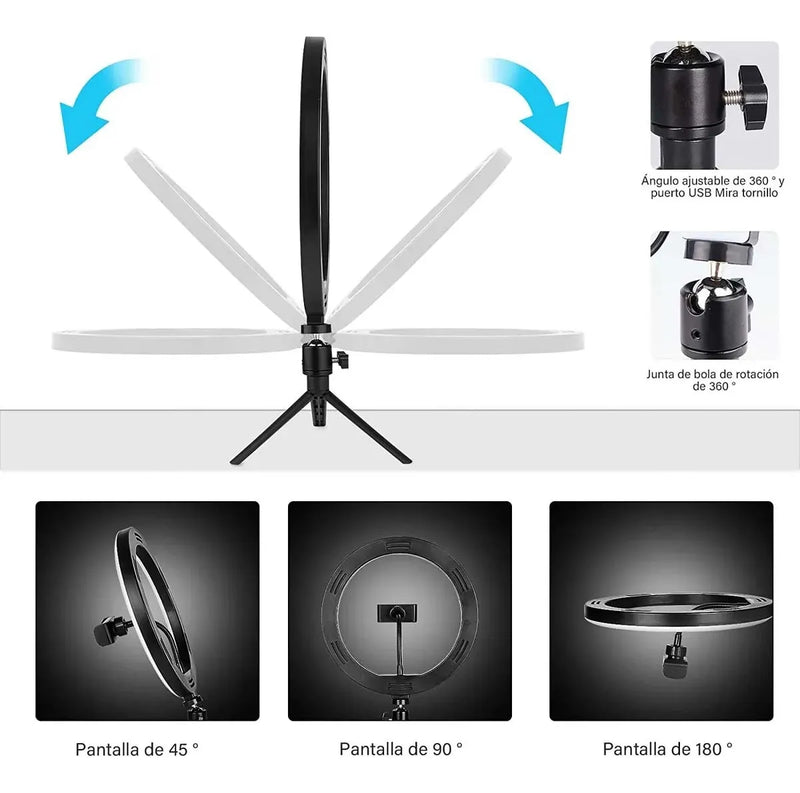 Aro de Luz LED Portátil 10’’ con Trípode y 3 Tonos de Luz