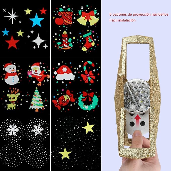 Proyector LED de Navidad 360° con 6 Patrones, Copos de Nieve y Estrellas en 3D