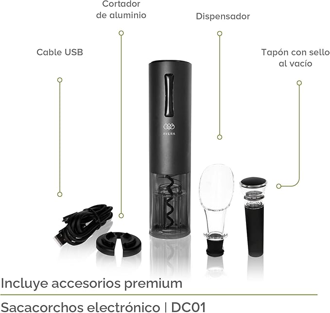 Sacacorchos Eléctrico Recargable AVERA con 3 Accesorios, Profesional e Inalámbrico para Vino