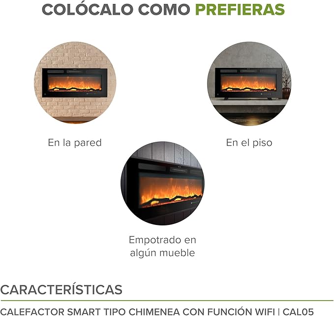 Chimenea Eléctrica AVERA 42'' con WiFi, 3 en 1 Empotrable, De Pared o De Pie, Flama LED 7 Colores