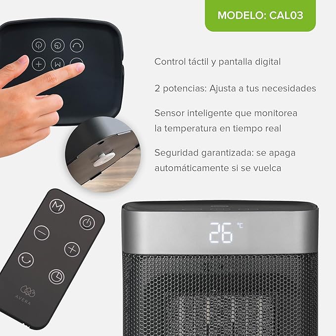 Calentador Eléctrico Portátil AVERA CAL03 con Control Remoto, Pantalla Digital y 2 Potencias