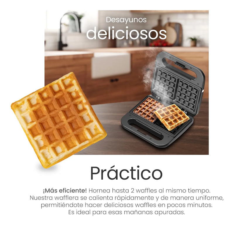 Waflera Eléctrica Antiadherente de 2 Cuadrados, Fácil de Limpiar