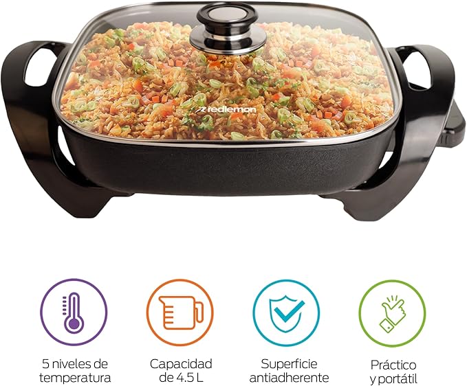Sartén Eléctrico Antiadherente 4.5L con Tapa de Vidrio y Control de Temperatura, Redlemon