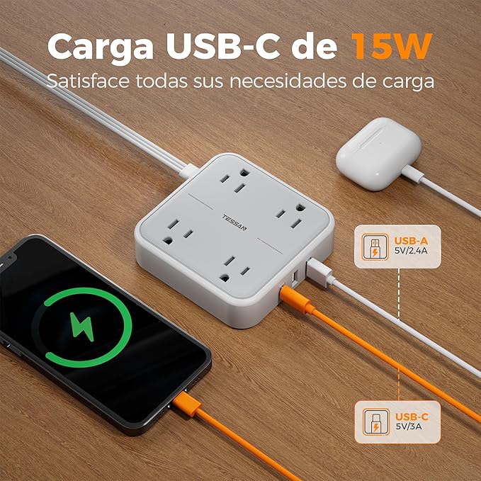 TESSAN Multicontacto 4 Tomas + 3 USB (USB-C) con Protector, Gris