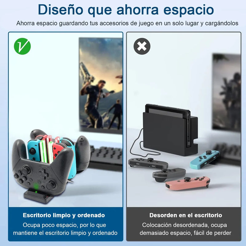 Base de Carga 6 en 1 para Joy-Con Nintendo Switch, Estación de Carga Rápida y Organizador