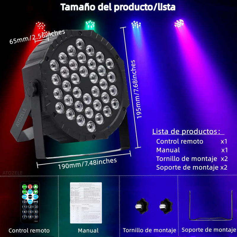 Luz LED de Escenario 36x1 RGB 36W con DMX, Control Remoto y Modo Rítmico