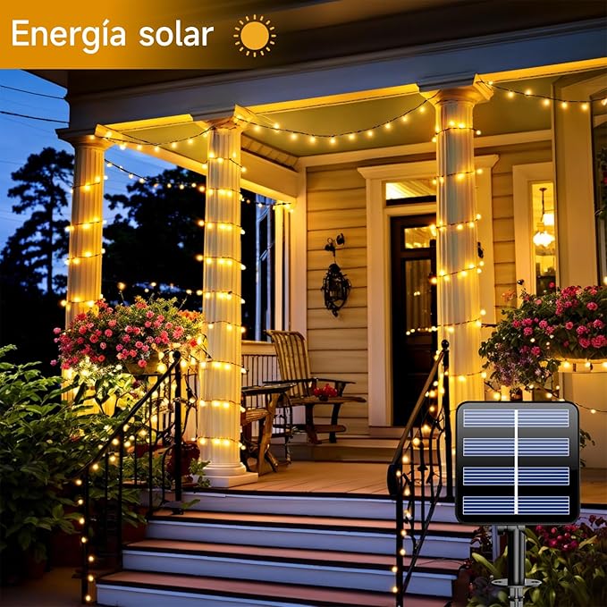 Luces Solares LED ELECGO 2x10M, Blanco Cálido, 8 Modos, IP65 Impermeable