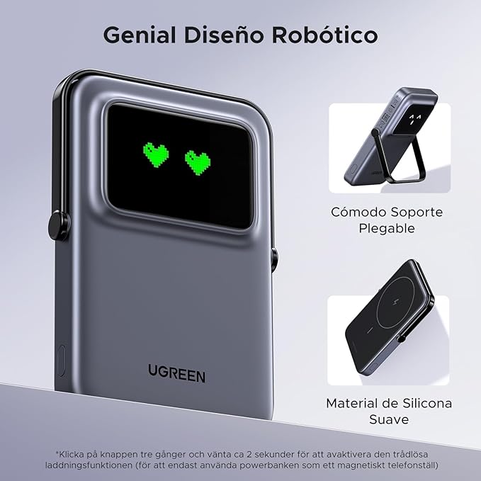 Cargador Portátil UGREEN 5000mAh Magnético con Pantalla TFT y Soporte, Carga Rápida 20W